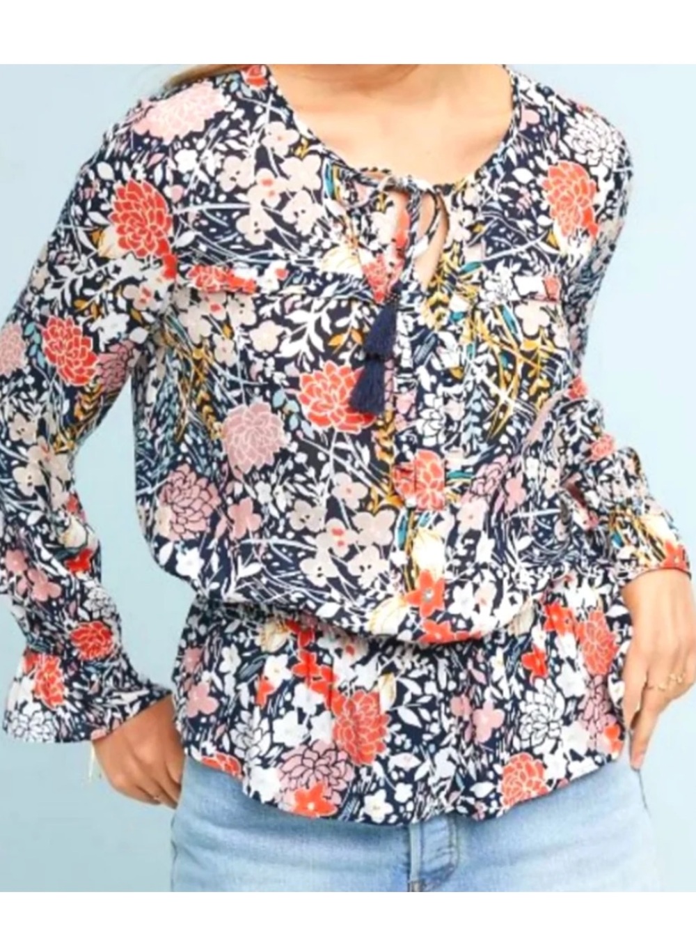 Maeve Anthropologie Floral Peplum Tassel Tie Boho Blouse Medium